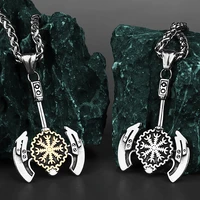 stainless steel nordic double bladed axe simple necklace mens awe helmet viking axe odin valknut amulet pendant gift wholesale