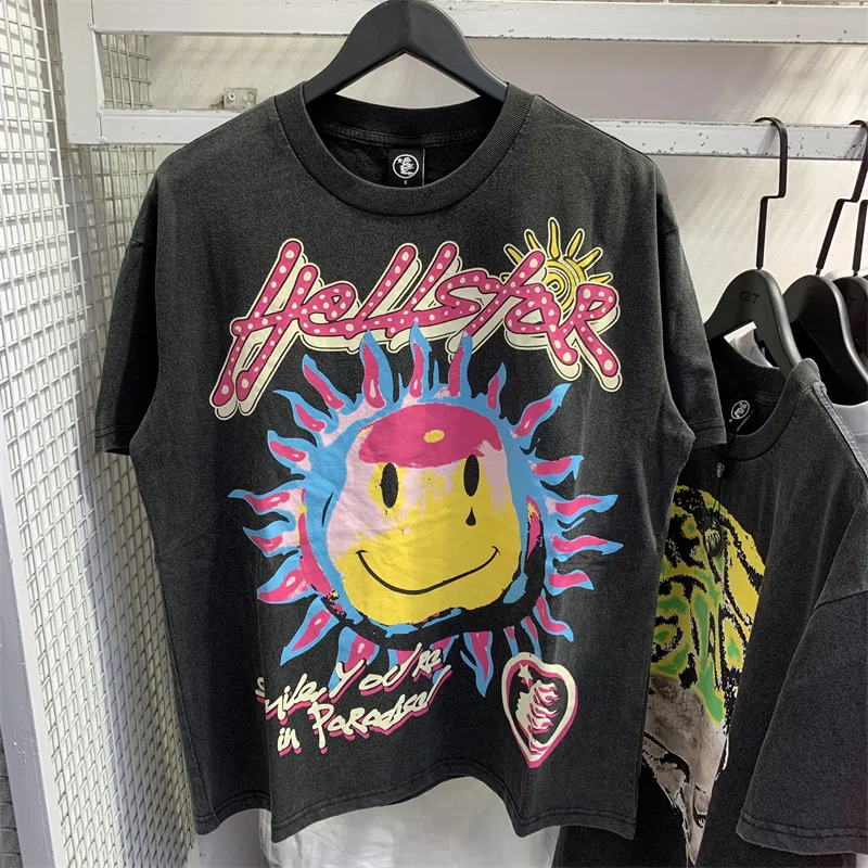 

2023 Hellstar Large Vintage Wash Black Sunshine Letter Print High Street Round Neck High Quality T-shirt Short Sleeve