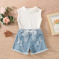 girls white cotton pit strip top denim beaded hole shorts girls three piece set toddler girl clothes baby girl clothes