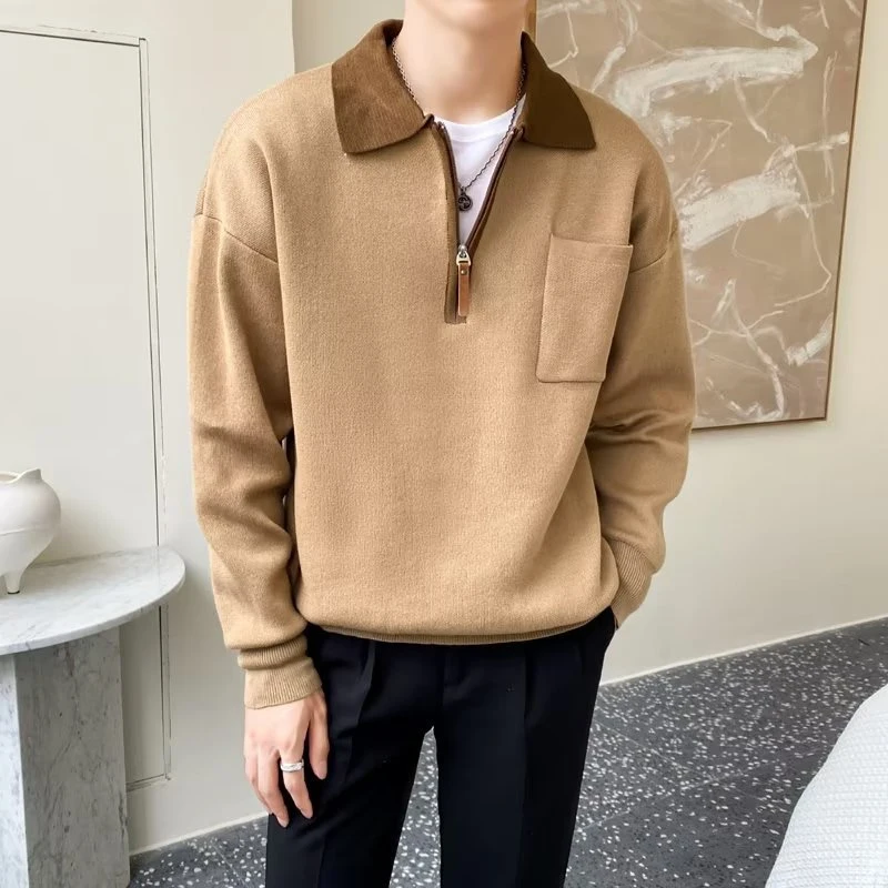

Осенне-зимний модный вязаный пуловер со стежками, Мужская одежда, свитеры с длинными рукавами с лацканами, пальто, мужской деловой свитер на молнии, рубашки