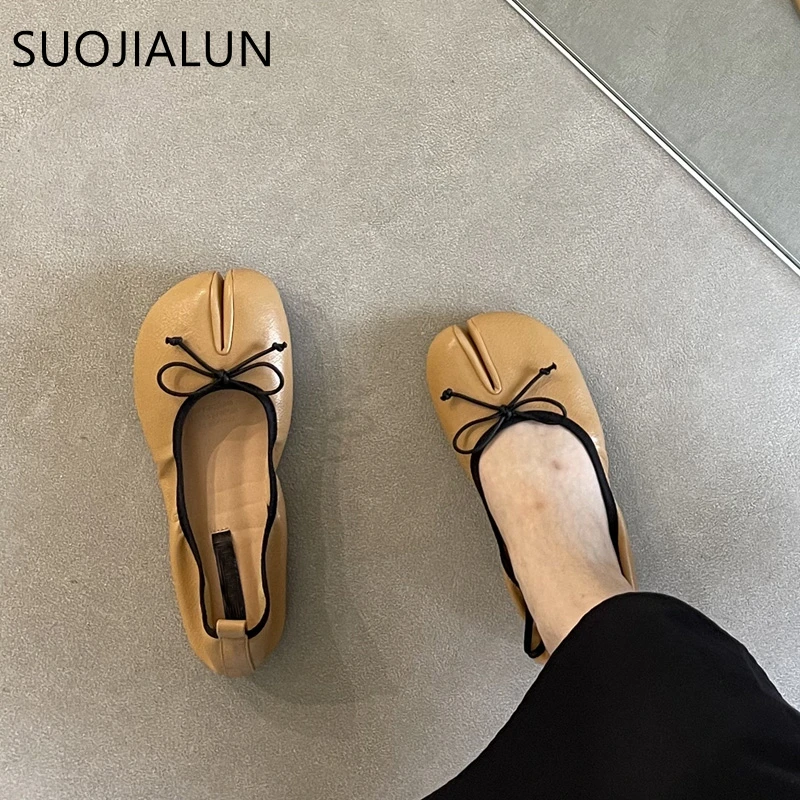 SUOJIALUN 2022 Summer 2022 Women Flat Shoes Fashion Split Toes Ladies Soft Casual Loafer Shallow Slip On Dress Ballerina Mujer