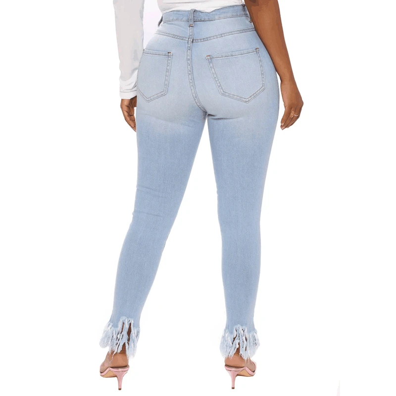 Women Tassel Slim Pencil Denim Pants 2021 Hole Elastic Skinny Cotton Soft Jeans Female Trousers Plus Size Streetwear Spring Fall