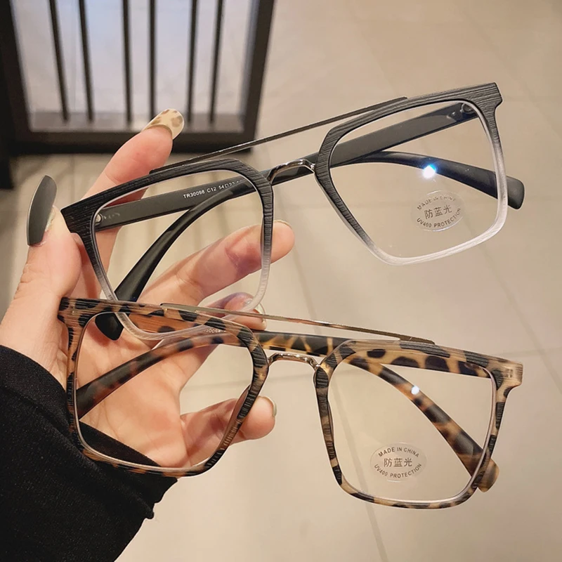 

Retro Metal Double Bridges Square Women Glasses Frame Fashion Clear Anti-Blu-Ray Eyewear Men TR90 Optical Stripes Frame