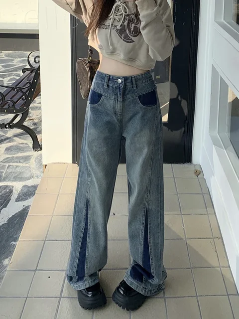 Женские джинсы со вставками, джинсы с высокой талией, длинные прямые  широкие брюки с карманами, дизайнерская уличная одежда, винтажные потертые  брюки | AliExpress