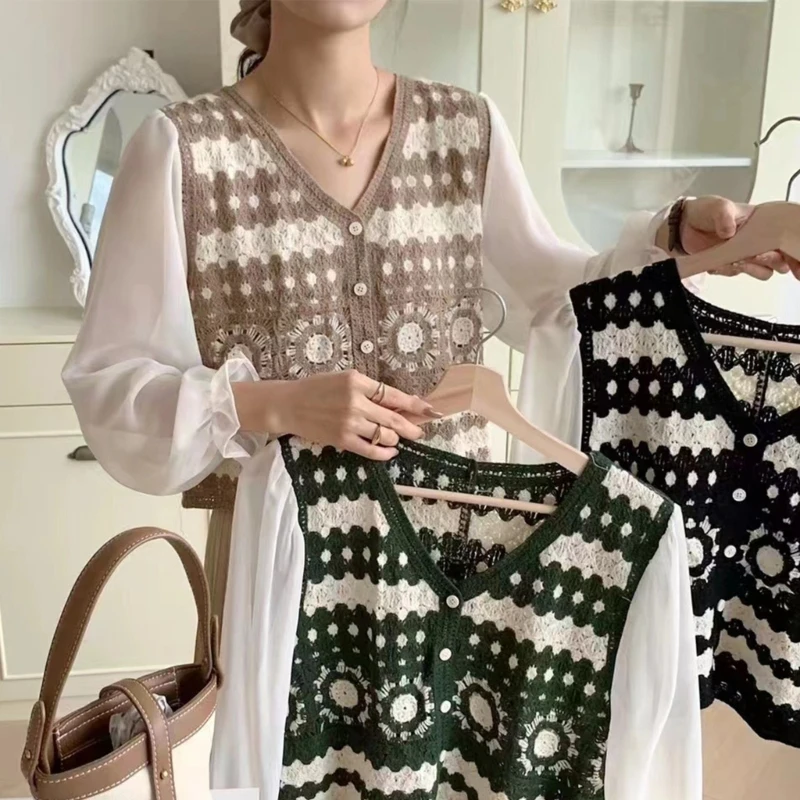 

Винтажная вязаная рубашка H9ED в стиле Харадзюку Y2k, уличная одежда, женские вязаные крючком кардиганы с цветами, свободная Модная вязаная руб...