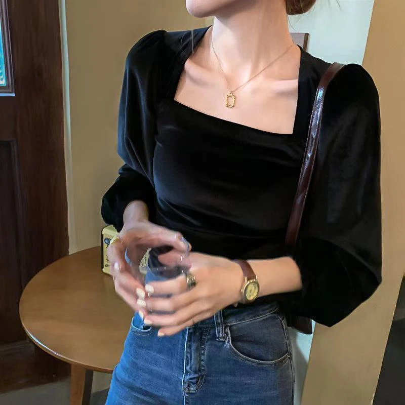 

Lucyever Black Velvet Women's Shirt 2022 Spring Square Collar Long Sleeve Office Blusas Ladies Elegant Slim Fit Blouses Woman