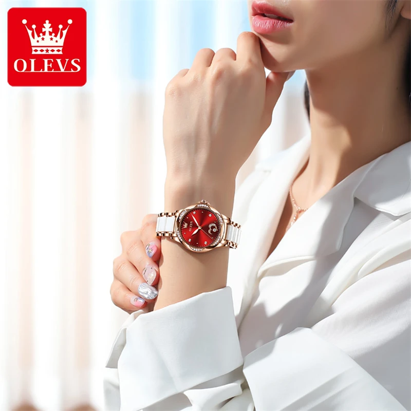 OLEVS Top Brand Luxury Ceramic Mechanical Watches Womens Fashion Diamond Luminous Waterproof Simple Automatic Watch For Women enlarge
