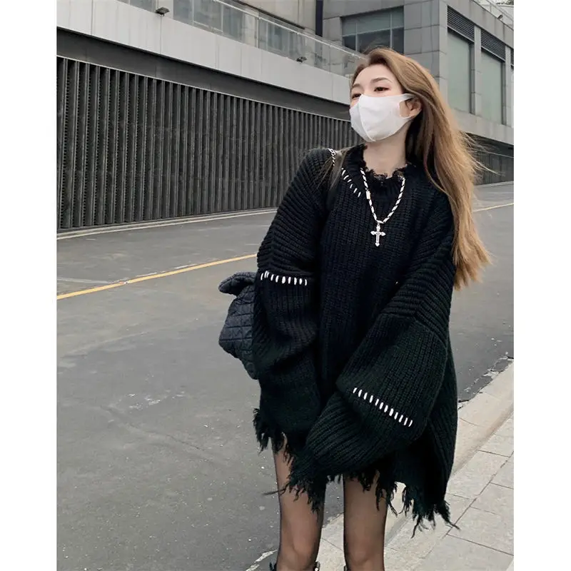 

Весенняя Новинка корейский асимметричный черный винтажный вязаный Топ женский рваный свободный свитер средней длины трендовый