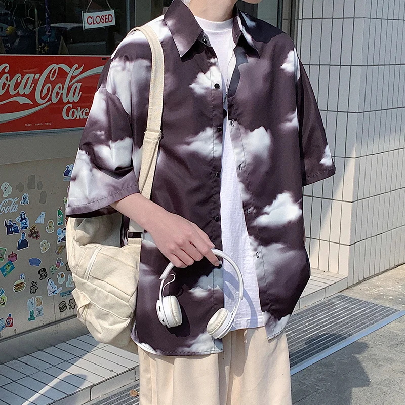Summer Flower Shirts Men Fashion Ice Silk Printed Casual Shirts Men Korean Style Loose Short Sleeve Shirts Mens Hawaiian Shirts