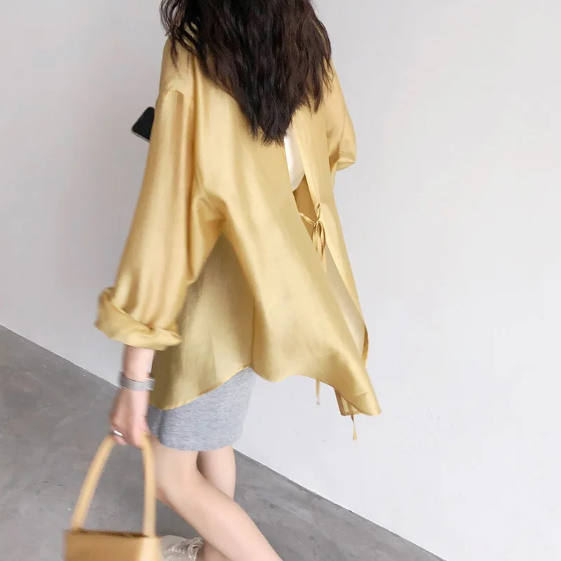 

Back Hollow Openning Drawstring Women Shirts for 2022 Summer Suncreen Casual Ladies Blouse Loose Simple Female Thin Tops Shirt