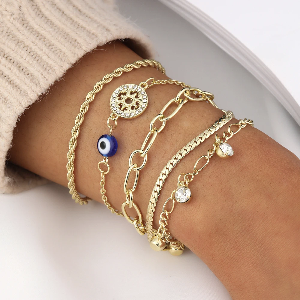 

Multilayer Beaded Bracelets Sets Evil Eye Charm Shiny Cubic Zircon For Women Gifts Party Wedding Summer Beach Bangle Gifts 5pcs