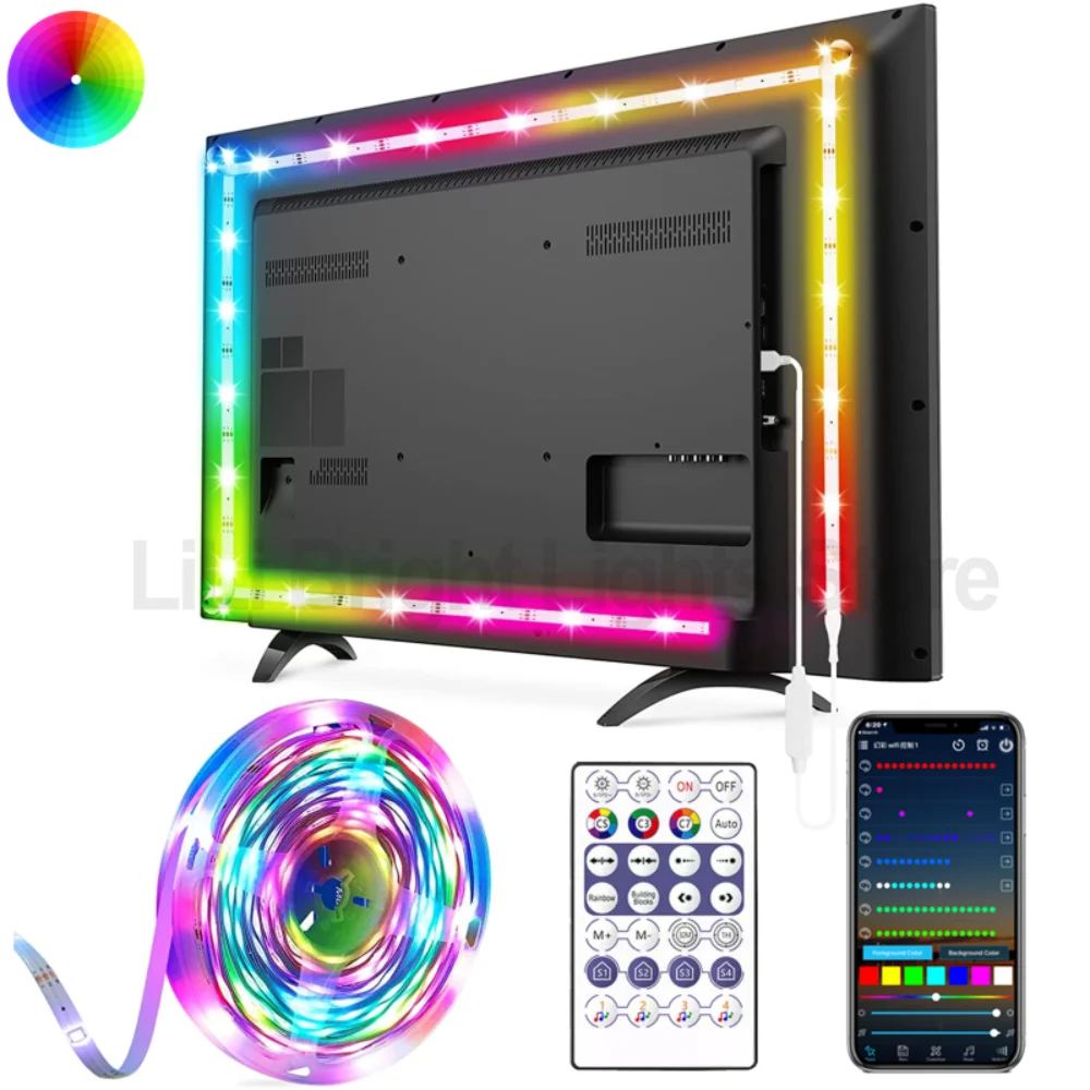 

Светодиодная лента, гибкая лампа RGB 5050 WS2812B, USB, музыка, Bluetooth, пульт дистанционного управления, 5 В, 16 цветов, подсветка экрана телевизора, настольного компьютера