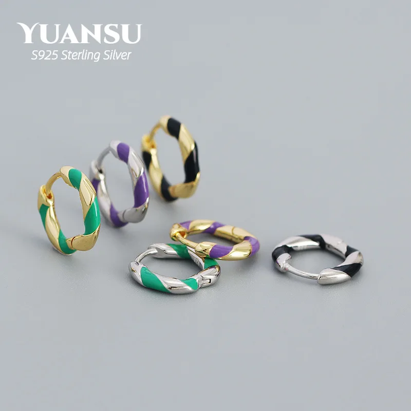 

S925 Sterling Silver Statement Color Spiral Enamel Huggies Hoop Earrings for Women Fashion Elegant European Clip Jewelry Gifts