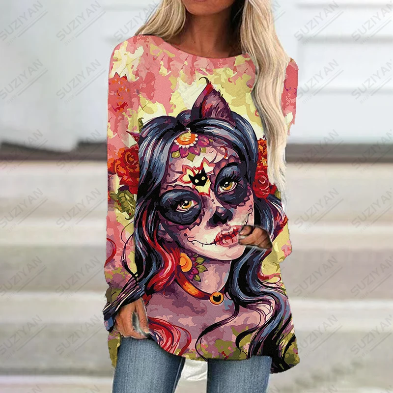 

2023 Fashion 3D Printed Dress Women's Loose Large Size Dress Spring and Autumn Long Sleeve Dress Halloween Street Dress