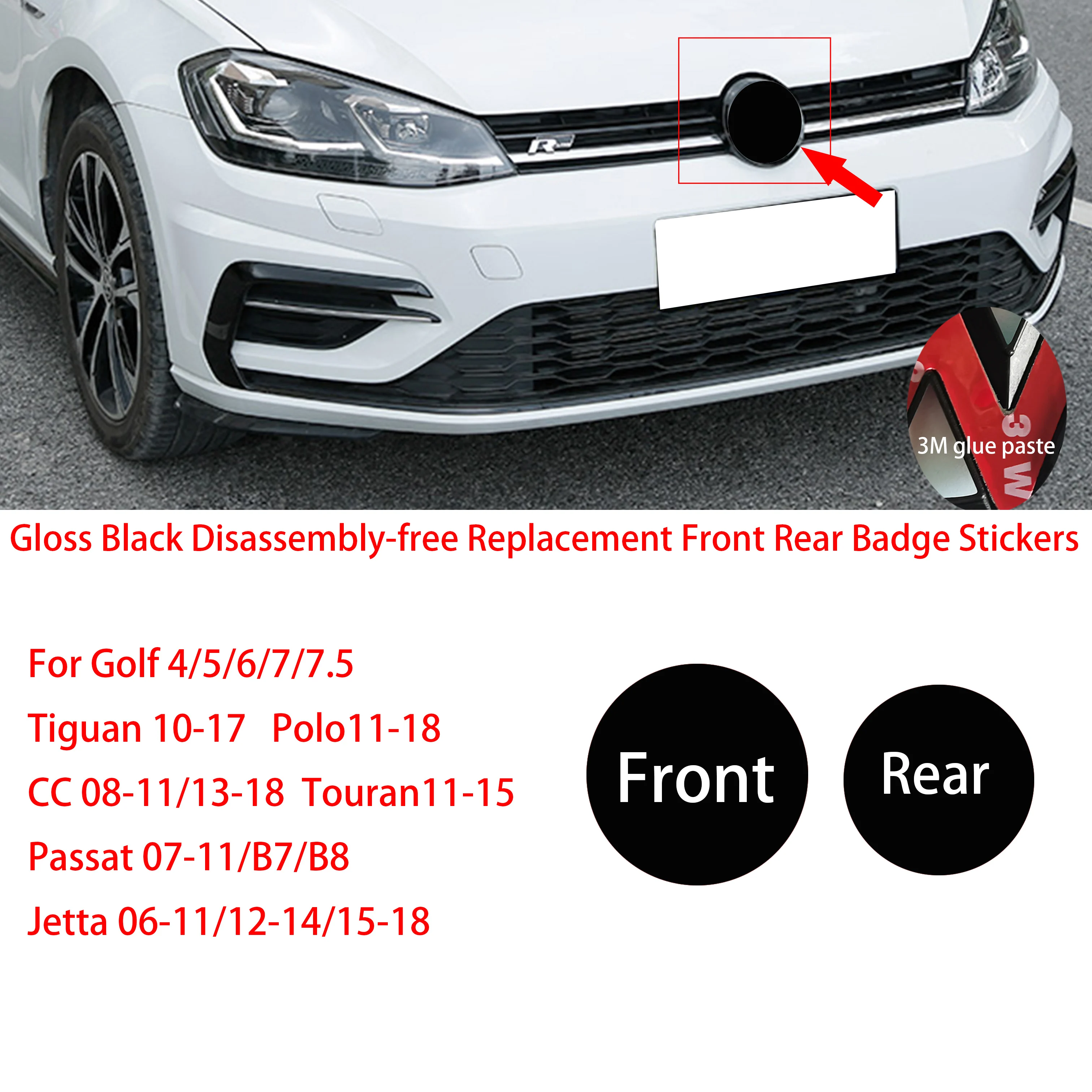 Gloss Black Disassembly-free Replacement Front Grill Badge or Rear Emblem Fit for Golf 4/5/67/7.5 POLO CC Passat Jetta Tiguan