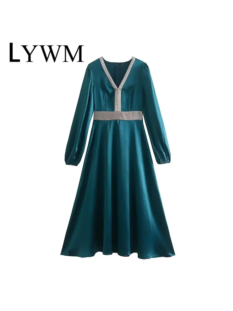 

Женское модное однотонное платье миди LYWM, винтажные женские шикарные платья с V-образным вырезом, длинным рукавом и молнией сзади