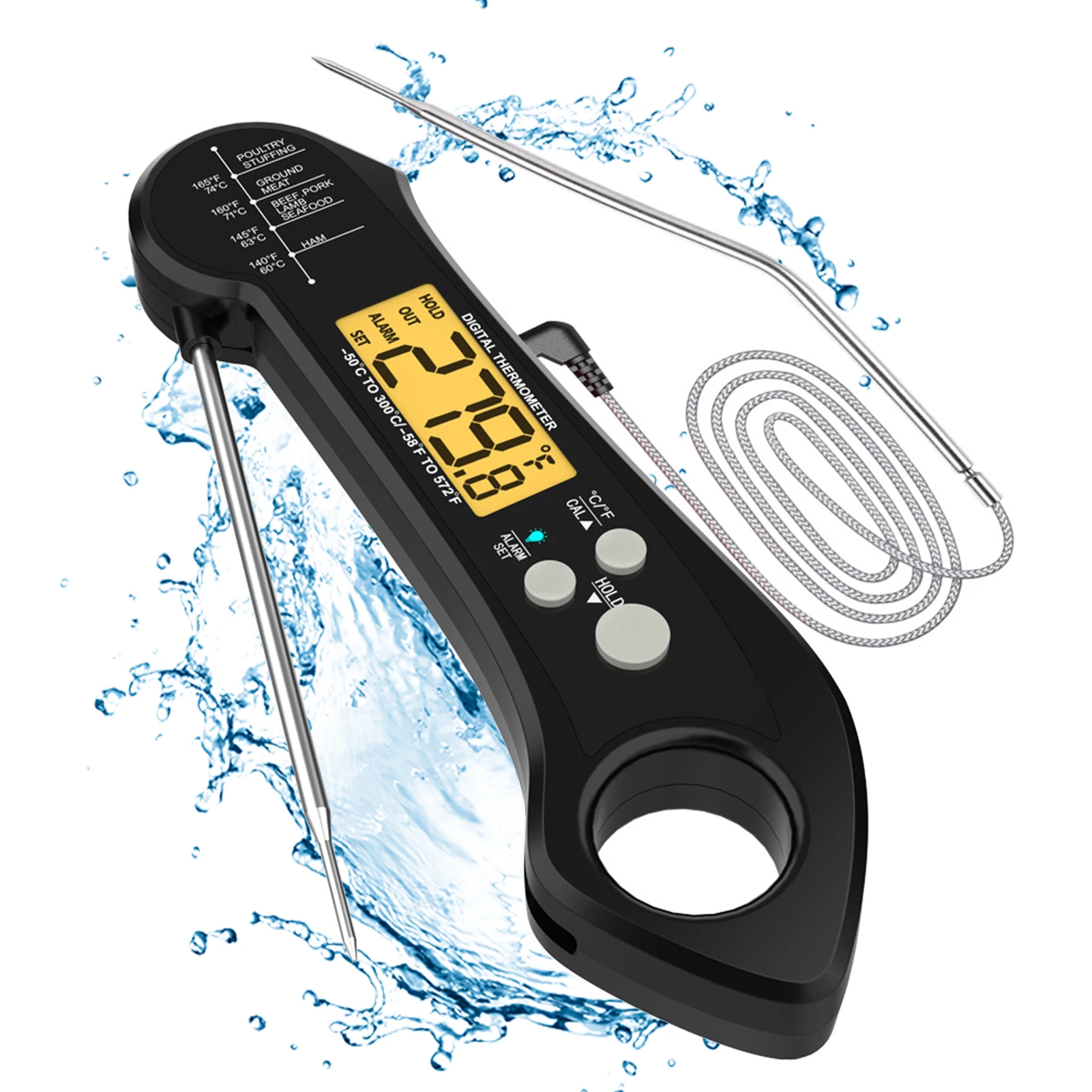 

Foldable Probe Battery Powered Digital Display BBQ For Cooking Food Thermometer Ultra Fast Reading IP7 Waterproof Stainless Stee