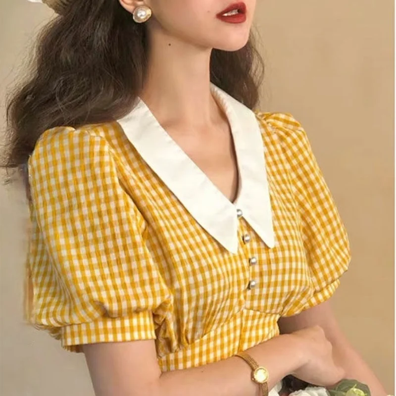 

Cottagecore Crop Top Yellow Blouses Summer Kawaii Puff Sleeve Plaid Shirt Women Checkered French Retro Style 2021 Vintage