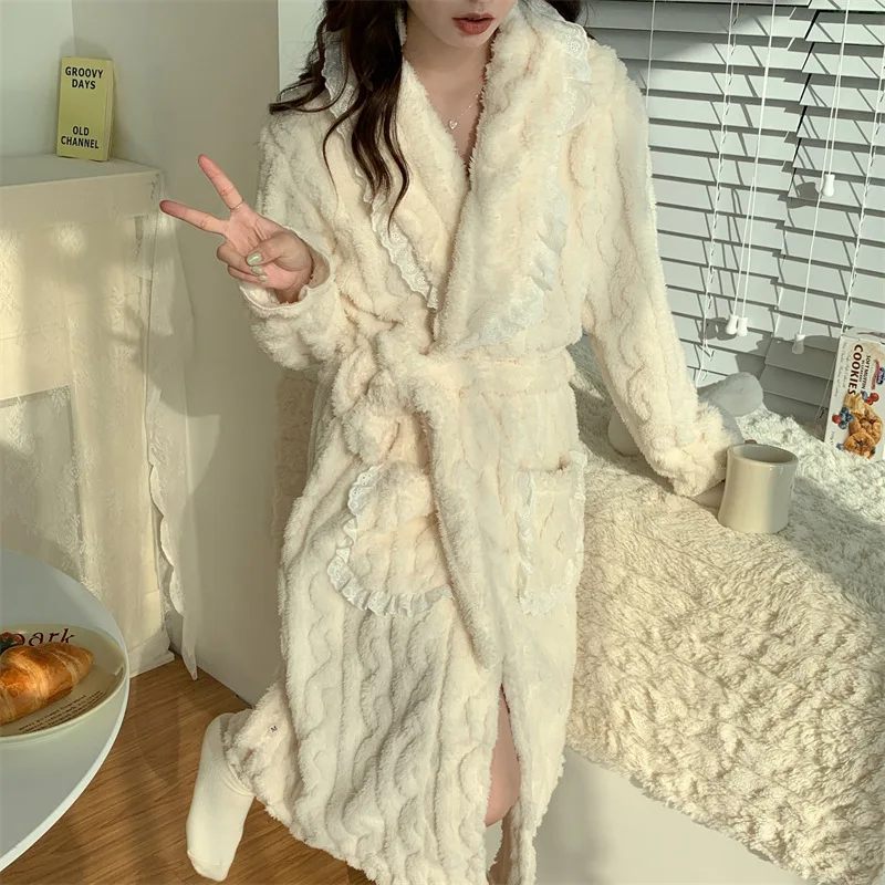 

Thickened Plush Pajamas for Women Kawaii Nightgown French Style Long Sleeve Coral Fleece Warm Lace-up Bathrobe Women's Pijamas