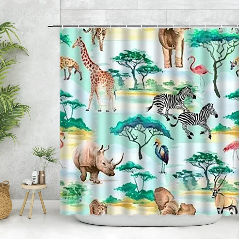 Занавеска для душа с изображением животных из мультфильмов зеленое дерево дикое
