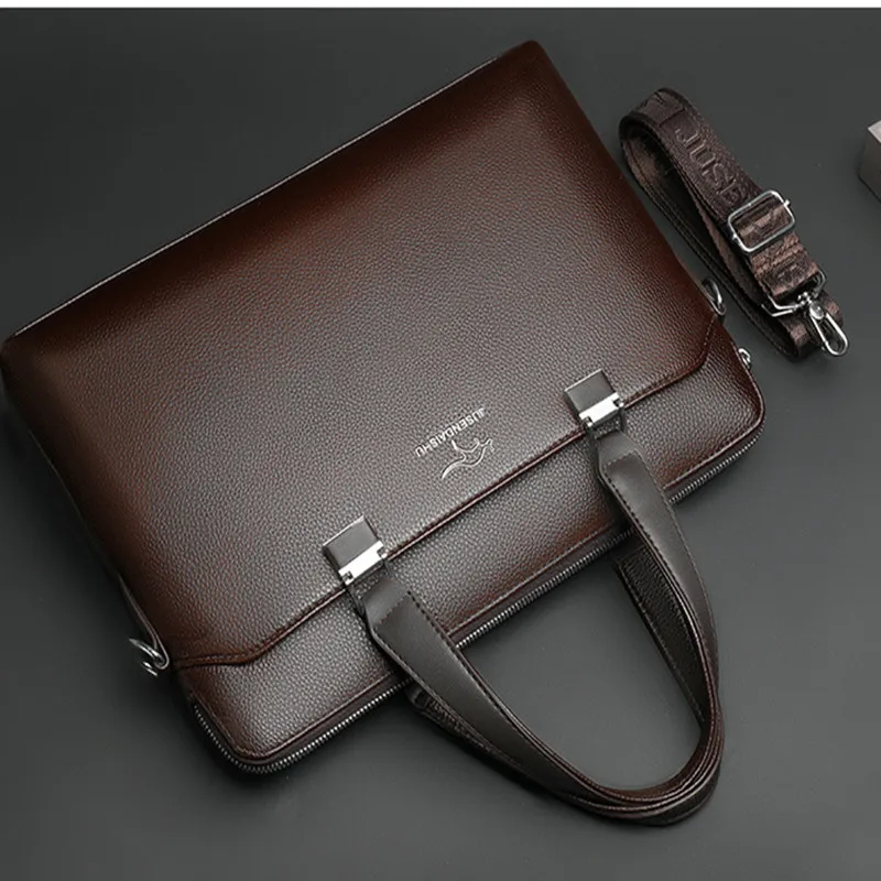 New PU Leather Men's Briefcase With Zipper Business Handbag Horizontal Male Laptop Bag Vintage Shoulder Messenger Bag