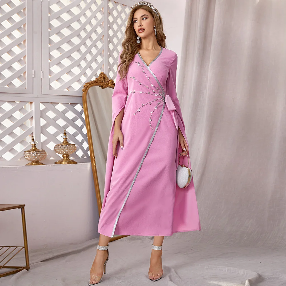 Women's Spring and Summer Muslim Middle Eastern Arab Party Pink Fashion V-neck Designer Hand Sewn Diamond Floating-Sleeved Skirt