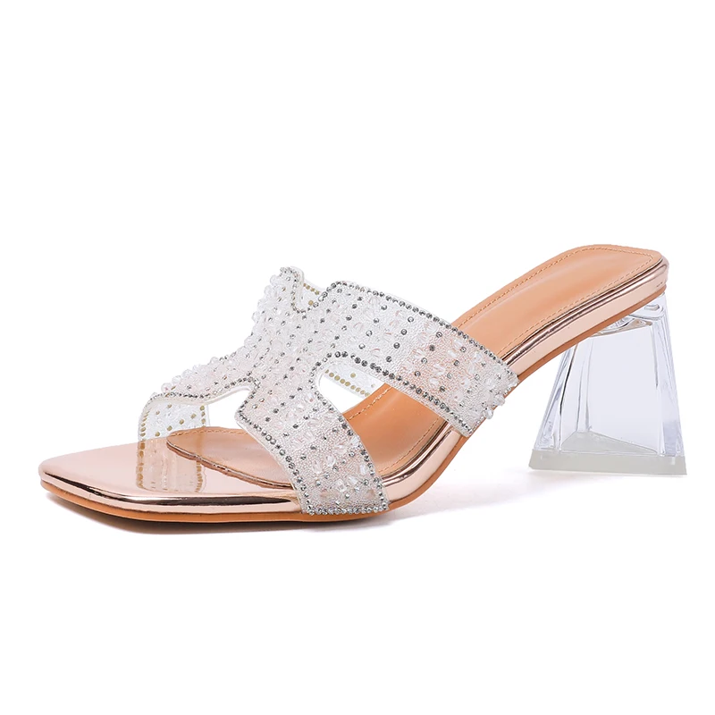 2022 Crystal Thick High Heels Outdoor PVC Transparent 2022 Summer Rhinestone Women Slippers Shoes Fashion Slides Slip On Hollow