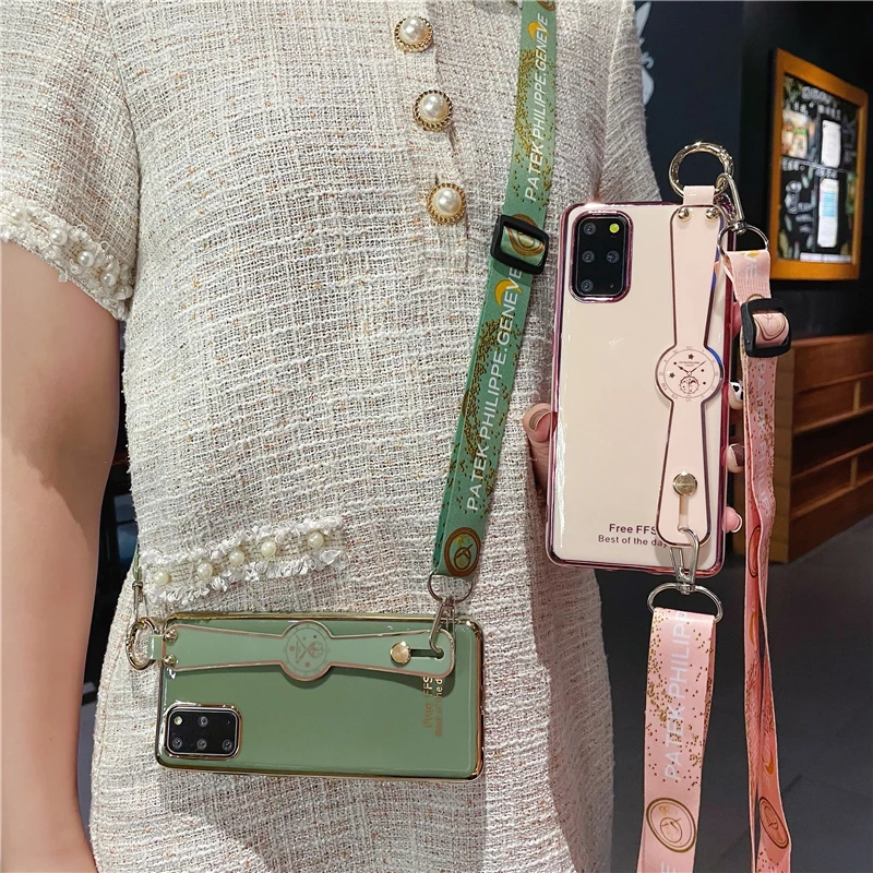 for samsung s22 ultra s9 s10 s20 s21 fe note 20 10 plus 8 9 cover crossbody shoulder strap plating wristband phone holder case free global shipping