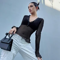 weiyao y2k hollow out crop top full sleeve v neck t shirt women button see through grunge sexy pullovers streetwear tee new