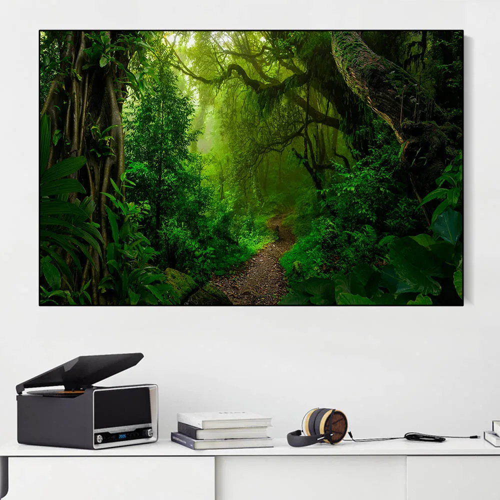 Пейзаж тропический Джунгли Лес зеленое дерево Солнечный свет холст живопись