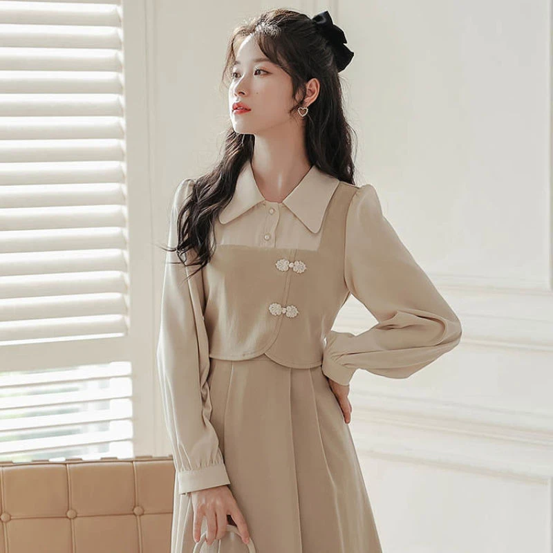 

Women's Clothing French Style Long-sleeved Dress 2023 Spring Autumn Lady Dresses Fake Two Pieces of High-grade A-line Skirt