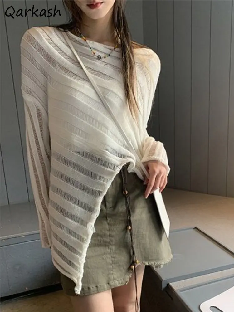 

Thin Pullovers Women Long Sleeve Asymmetrical Spring Sweaters Sun-proof Elegant Solid Casual Knitwears Ulzzang Retro Design Chic