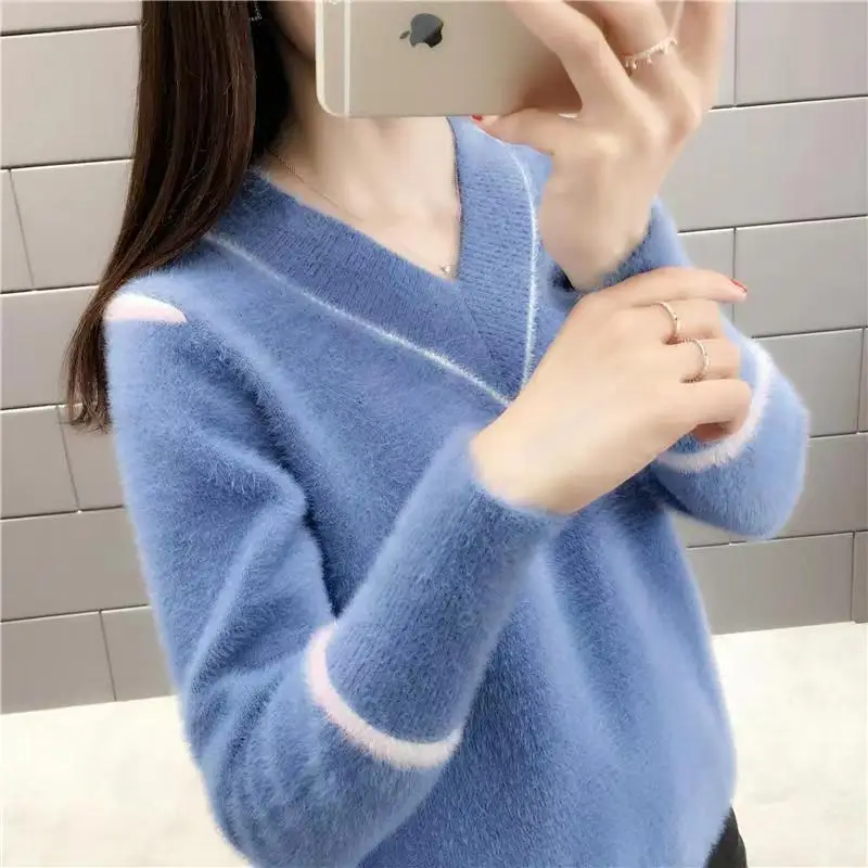 

Imitation Mink V-Neck Sweater Women's Spring And Autumn New Korean Fashion Casual Loose Thin Pullover Women's Knitting Sweater