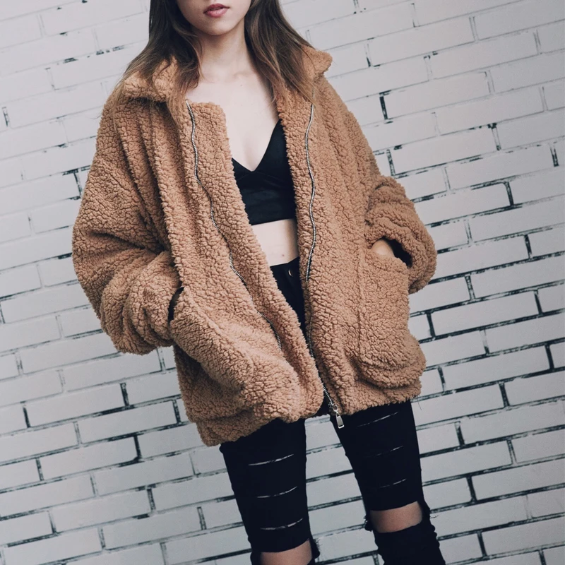 Faux Fur Coat Women 2021 Casual Warm Soft Zipper Fur Jacket Plush Overcoat Pocket Plus Size Teddy Coat Female Autumn Winter