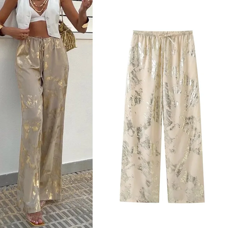 

Брюки TRAF женские с металлическим принтом, модные повседневные пляжные праздничные штаны со средней посадкой, удобные длинные штаны для девушек, осень 2023