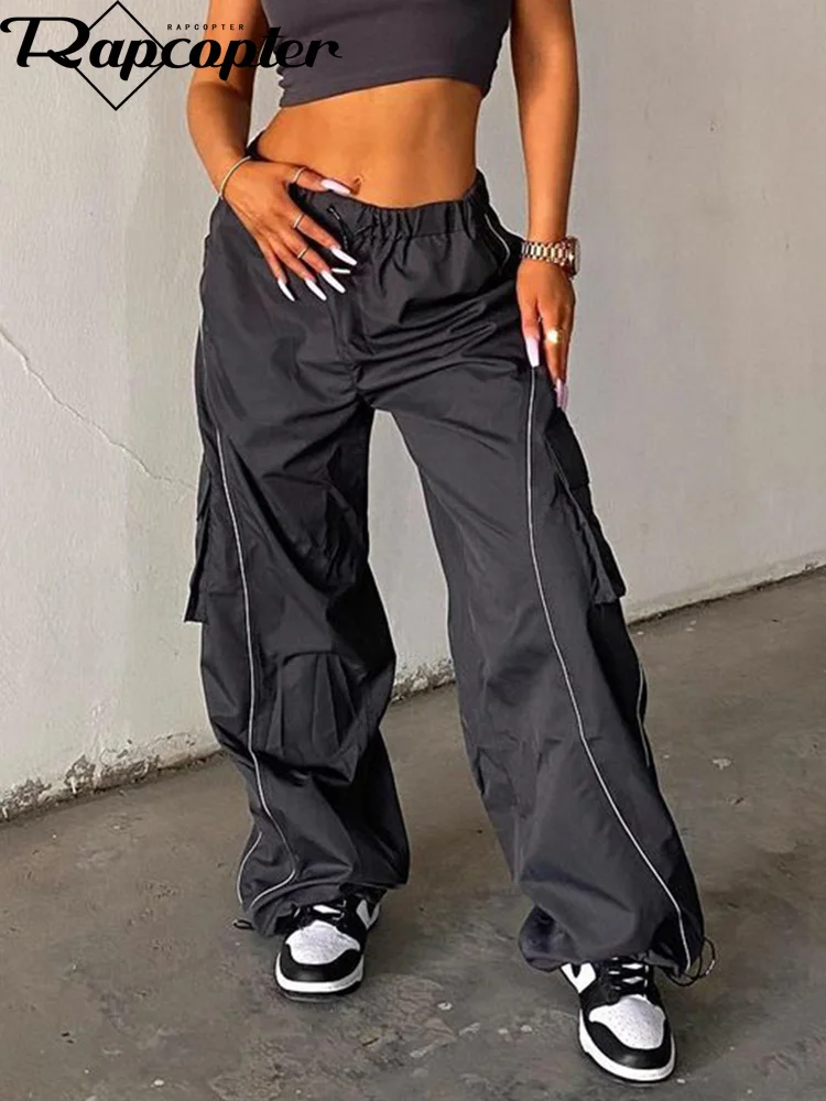 

Grey Striped Cargo Pants Baggy Big Pockets Sweatpants Low Waisted Ruched Sporty Joggers Women Casual Retro Pants 90s