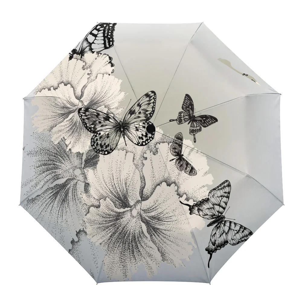 

Butterfly Flower Grey Parasol Umbrella for Outdoor Automatic Eight Strands Rain Umbrella Adults Female Shade Umbrellas