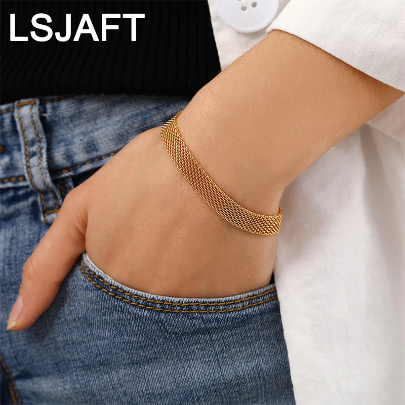 

Ins Fashion Gold Plated Watch Band Bracelet Adjustable Women Girls Stainless Steel Mesh Bangle Jewelry Christmas Gift Party