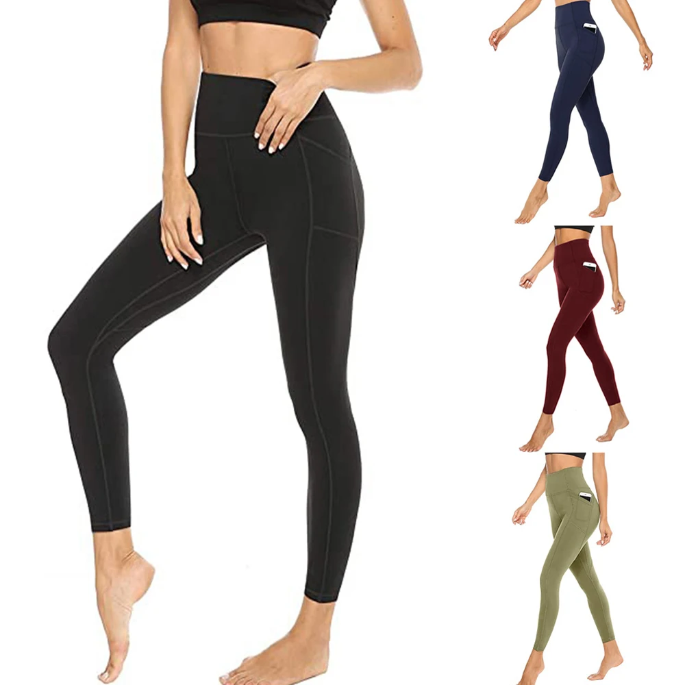 Solid Color With Pockets Legging High Elastic Yoga Pants Fitness Bottoms Running Sweatpants For Women Quick-dry Workout Trousers
