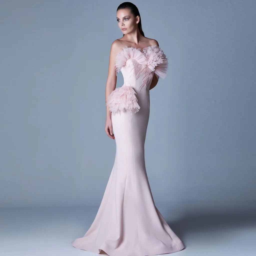 

Light Pink Strapless Women Clothing Trumpet Satin Dress With Zipper Tulle Mermaid Party Dresses Women Evening With Feather