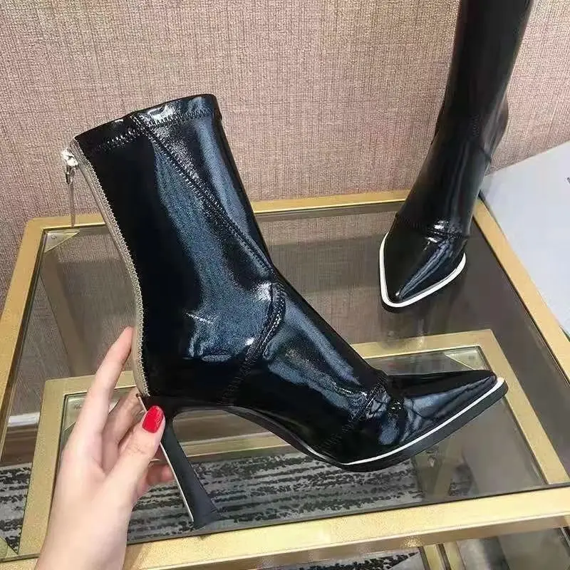 

New Patent Leather Metal Pointed Toe Ankle Boots Women 2023 Autumn Winter Designer Zipper Booties Mixed Colors Ladies Shoes