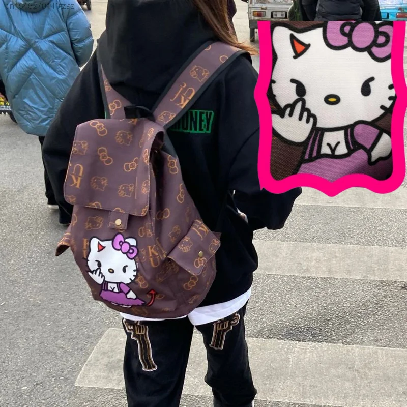 

Hello Kitty Backpack Large Capacity Bags Y2k Cute Fashion Canvas Schoolbag Adult Punk High Street Shoulder Message Bag Neutral
