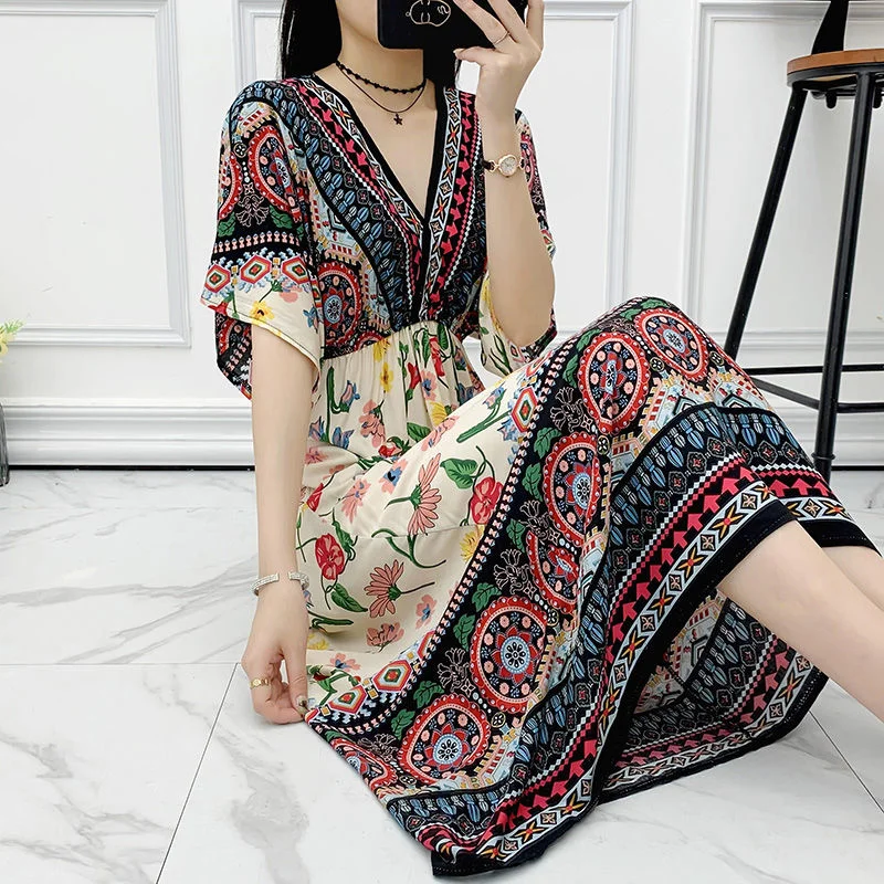 

Women's Beach Skirt Dress 2023 Summer V-neck Waist Seaside Holiday Dresses Casual Printing Short Sleeve Dress Female