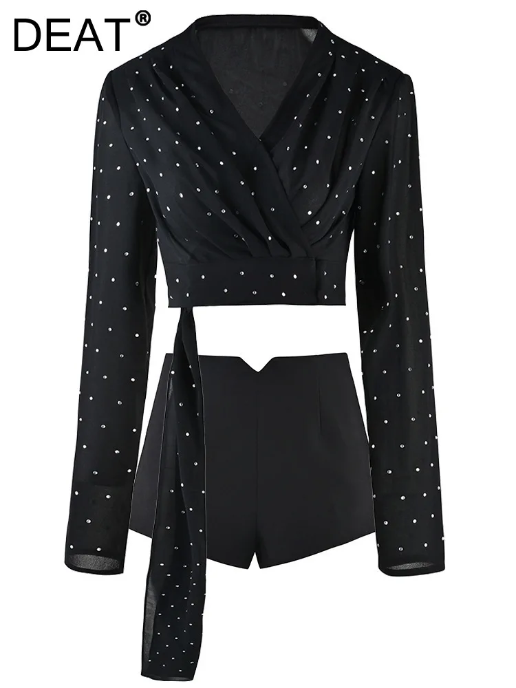 

DEAT Fashion Women Shirt V-neck Full Sleeve Waist Single Breasted Waist Black Dot Chiddon Short Blouses Autumn 2023 New 17A9741