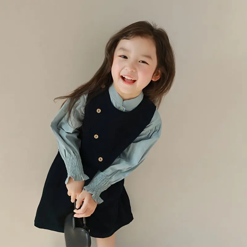 Children's Clothing Girls' 2023 Spring and Autumn New Oblique Buckle Corduroy Vest Suit Fashionable Solid Color Three-Piece