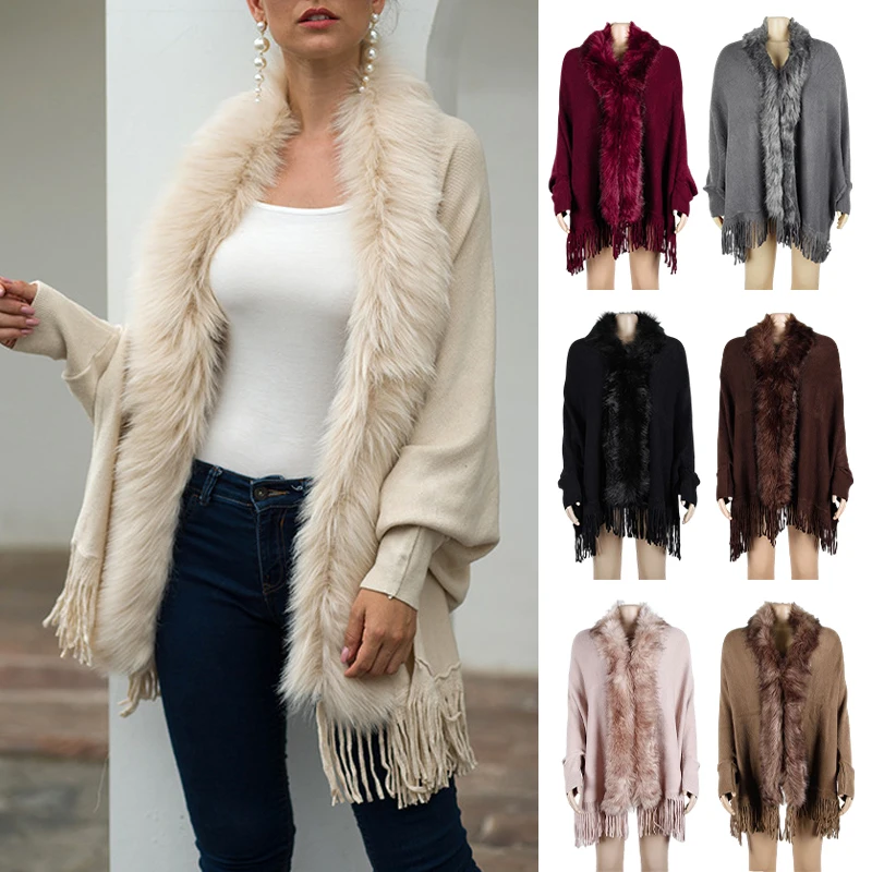 

Women Winter Imitation Cashmere Shawl Scarf Wraps Elegant Faux Fur Collar Capes Tassel Cloak Warm Knitted Capes & Ponchos