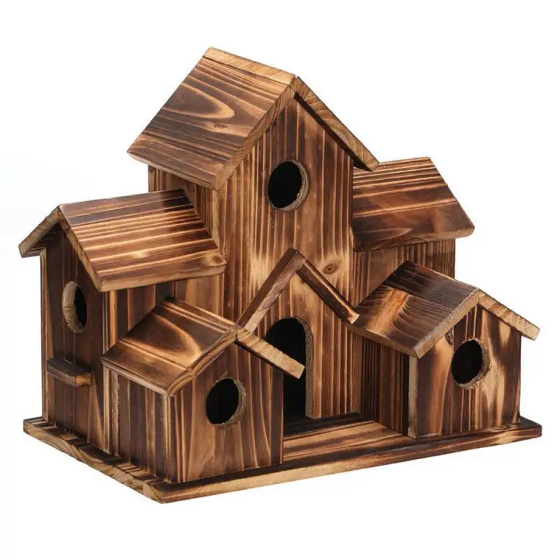 

Wooden Bird House 6 Hole Handmade Natural Bird House for Outside Backyard Courtyard Patio Decor