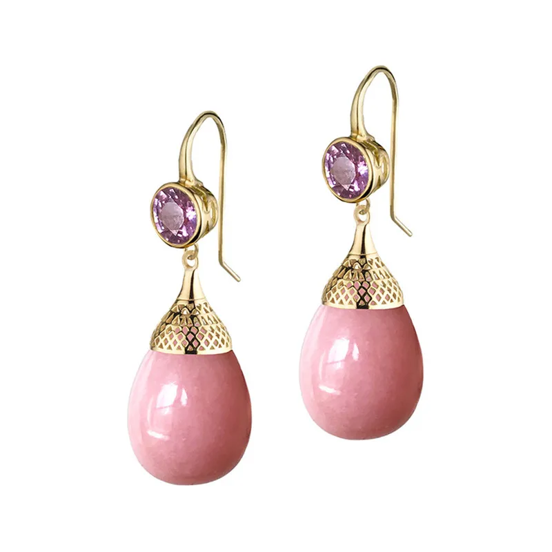 Elegant Round Imitation Pink Pearls Earrings Exquisite Fashion Gold Color Metal Carving Purple Zircon Dangle Earrings for Women