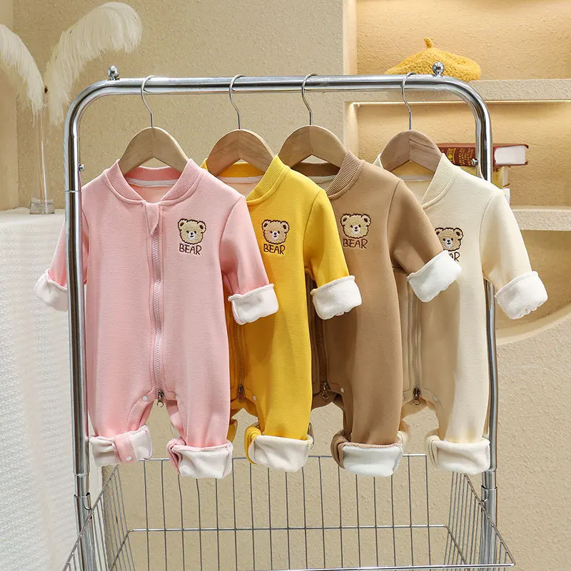 

Утепленные детские комбинезоны, осенне-зимние флисовые комбинезоны для мальчиков и девочек, Корейская одежда для малышей с медведем, комбинезон для младенцев