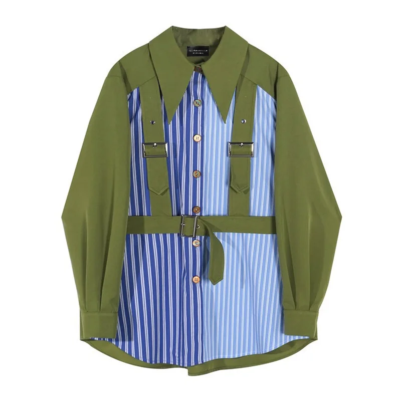 

SuperAen Spring 2022 Retro Strap Vertical Striped Patchwork Turn Down Collar Shirts Loose Contrast Color Full Casual Womens Tops